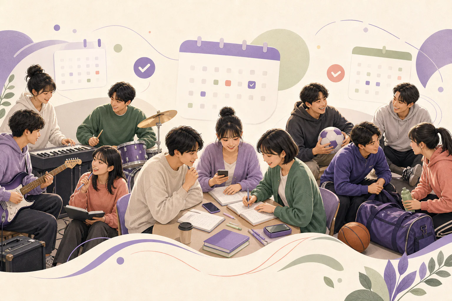 音楽、勉強、スポーツの活動日を相談する大学生グループ
