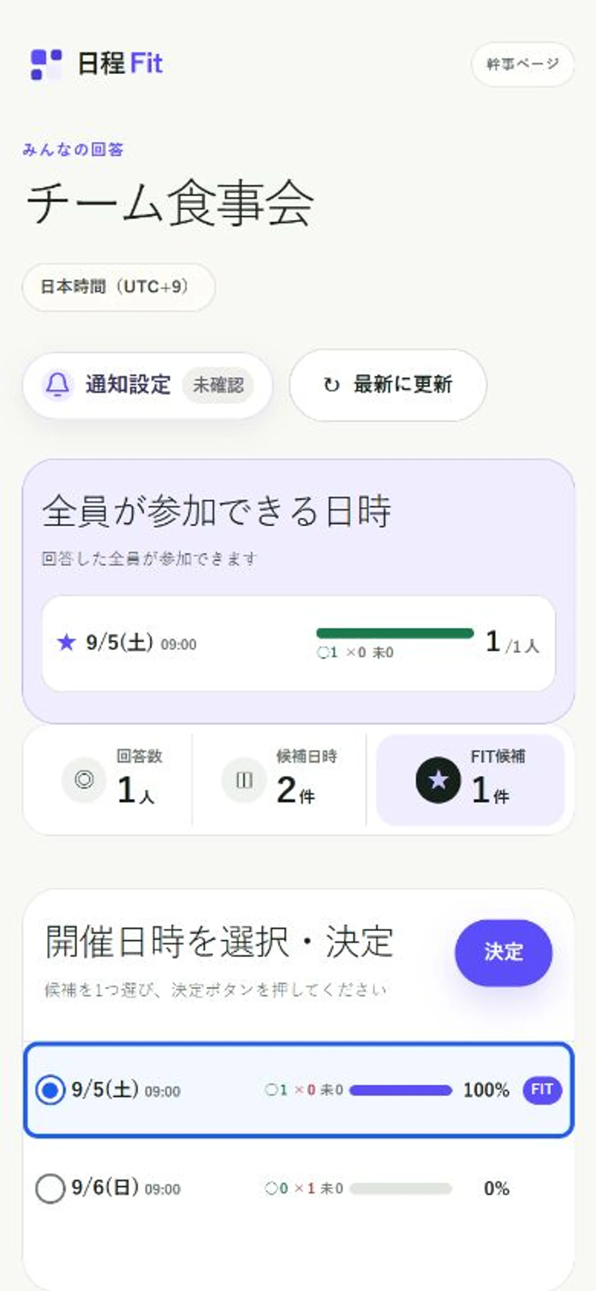 ○×方式で集めた1人分の回答、全員が参加できる日時、FIT候補を表示した日程Fitのスマートフォン幹事画面
